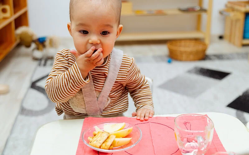 Ein Kleinkind isst geschnittene Apfelstücke.