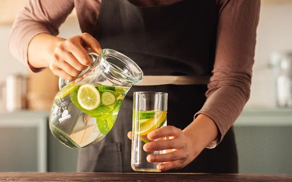 Eine Frau schenkt sich aus einer Karaffe Wasser in ein Glas ein. Das Wasser enthält einige Zitronen- und Gurkenscheiben.