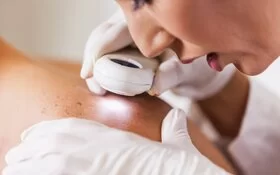 Eine Dermatologin untersucht den Nacken eines Patienten auf Anzeichen von Hautkrebs.