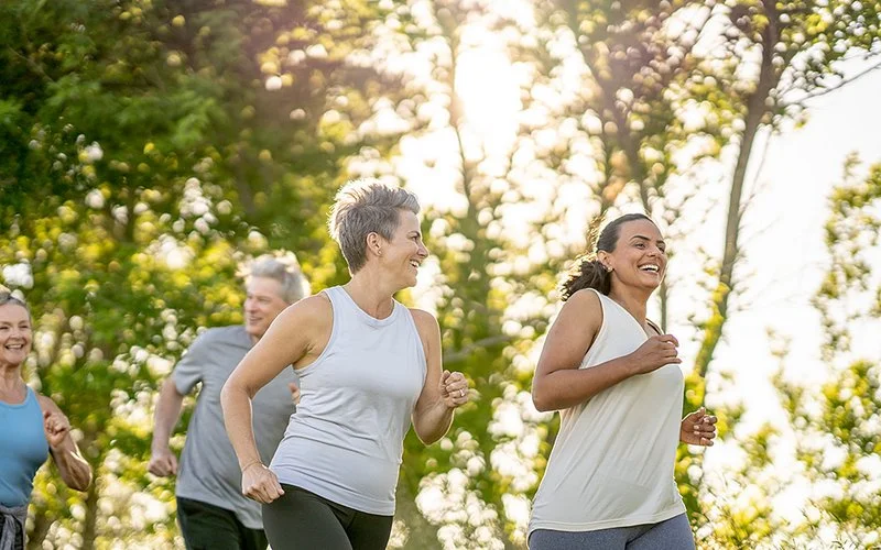 Drei Frauen und ein Mann in Sportkleidung laufen in einem Wald. Die Sonne scheint durch die Äste.