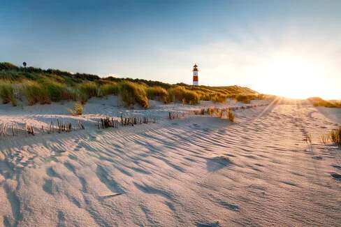 Das Bild zeigt einen Strand, der in helles Sonnenlicht getaucht ist. In der Ferne ist ein Leuchtturm zu erkennen. 