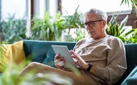 Ein älterer Mann sitzt auf der Couch in seinem Wohnzimmer und blickt interessiert auf ein Tablet, das er in den Händen hält.