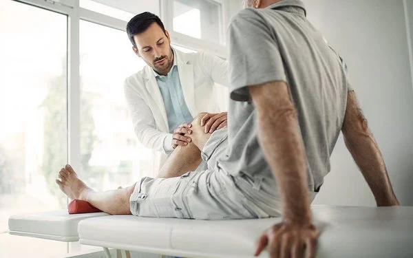 Ein Arzt in weißem Kittel untersucht das Knie eines älteren Mannes, der auf einer Untersuchungsliege sitzt.