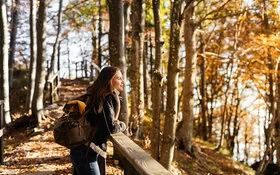 Eine junge Frau genießt das Alleinsein im Wald.