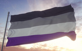Asexuelle Flagge, die im Wind weht mit Himmel im Hintergrund.