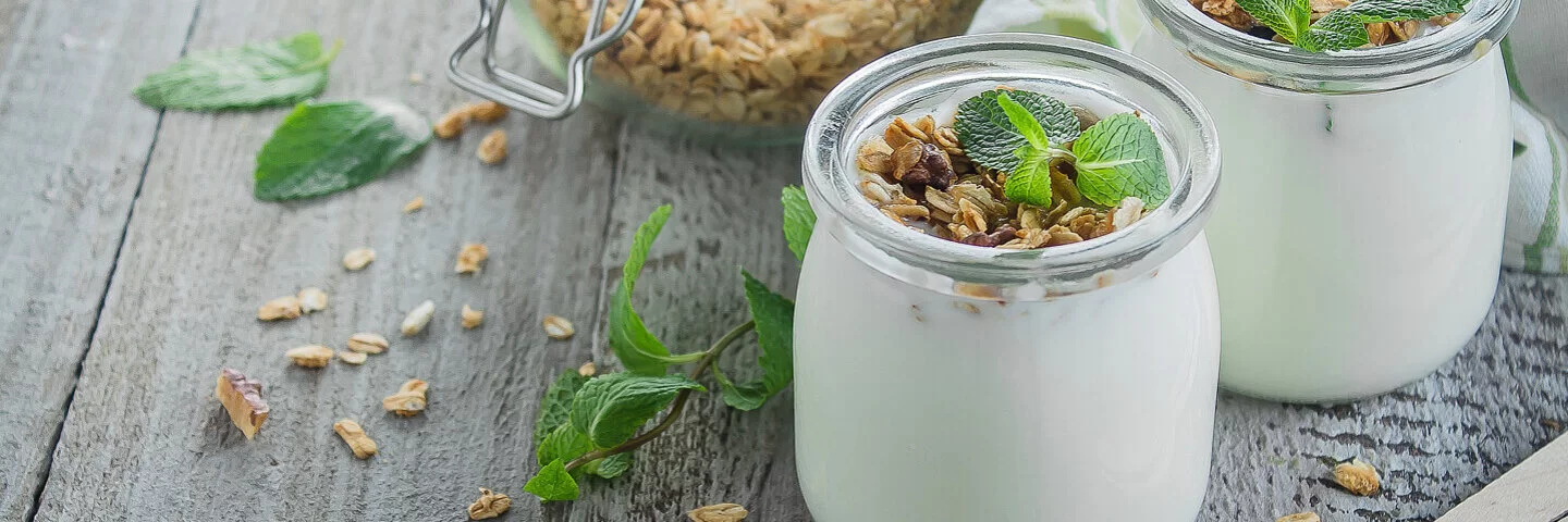 Selbstgemachter Joghurt in zwei Gläsern. Mit Haferflocken und frischer Minze.