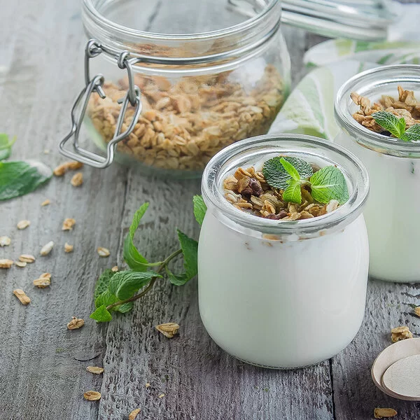 Selbstgemachter Joghurt in zwei Gläsern. Mit Haferflocken und frischer Minze.
