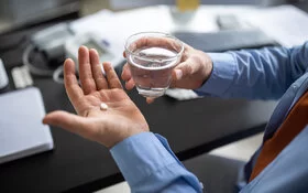 Ein Mann hält eine Schmerztablette und ein Glas Wasser in der Hand.