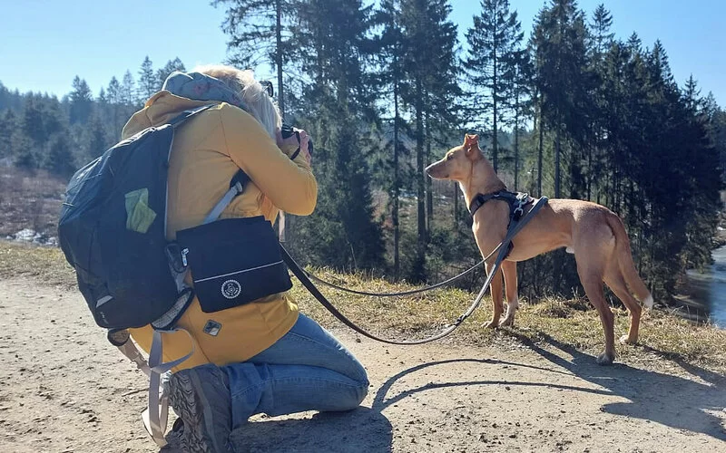 Stefanie Hess fotografiert ihren Hund Pepe an einem See.