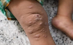 Ein kleines Kind mit Krätze-Ausschlag an den Beinen.