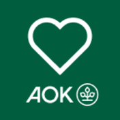 Auf einem grünen Hintergrund sieht man das AOK-LOGO in weiß. Darüber befindet sich ein hellgrünes Herz.