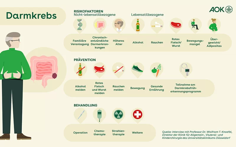 Übersichtsgrafik über die Risikofaktoren, Präventions- und Therapiemöglichkeiten bei Darmkrebs.