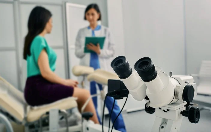 Eine Frau in einer gynäkologischen Praxis im Gespräch mit ihrer Ärztin, im Bildvordergrund ein Kolposkop.