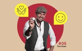 In der Mitte ist ein Foto von Doc Esser mit Schirmmütze und Stethoskop zu sehen. Illustrationen daneben zeigen zwei Hände, die ein Herz schützen und ein lachendes Gesicht.