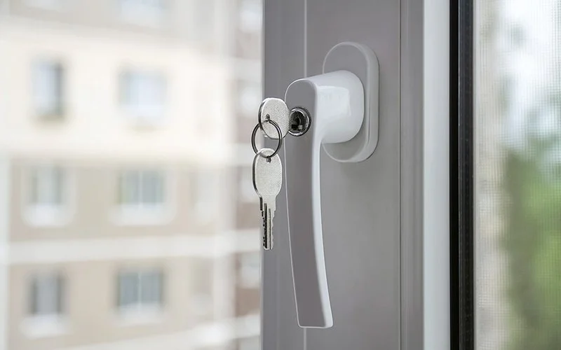 Nahaufnahme von einem Fenstergriff mit Schloss und Schlüsseln.