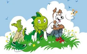 Jolinchen, ein grüner Cartoon-Drache, und ein Cartoon-Hund sitzen in einer grünen Wiese. Dahinter ein blauer Himmel mit einer großen Wolke.