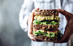 Ein gesund belegtes Vollkornbrot mit Salat, Radieschen, Gurken und Sprossen.