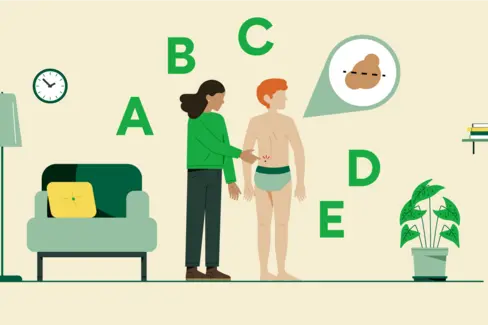 Illustration einer Person, deren Rücken von einer zweiten Person mithilfe der ABCDE-Regel überprüft wird; ein Muttermal wird vergrößert dargestellt.