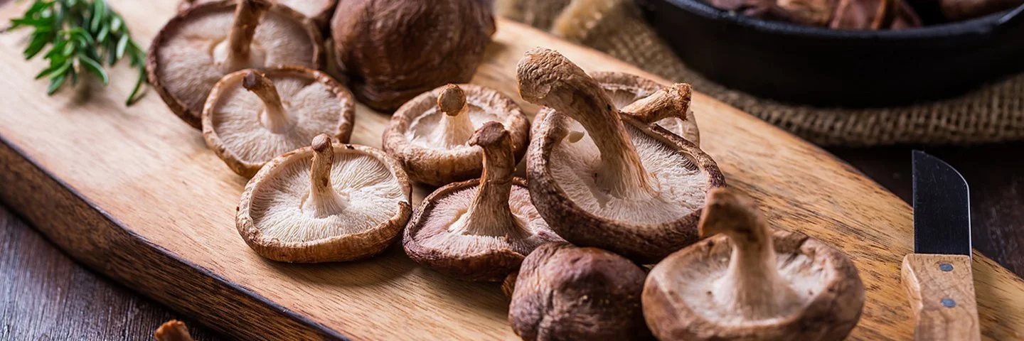 Shiitake-Pilze liegen mit Rosmarinzweigen und einem Messer auf einem Holzbrett.