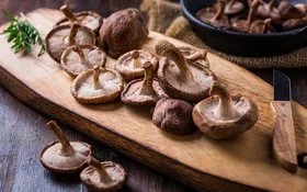 Shiitake-Pilze liegen mit Rosmarinzweigen und einem Messer auf einem Holzbrett.