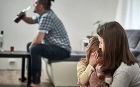 Mutter tröstet Kind, das unter der Alkoholsucht vom Vater leidet.