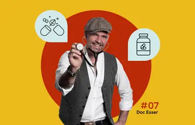 In der Mitte ist ein Foto von Doc Esser mit Schirmmütze und Stethoskop zu sehen. Links und rechts sind hellblaue Piktogramme zu sehen: links Tabletten und Kapseln, rechts ein Nahrungsergänzungsmitteldose. Der Hintergrund ist gelb mit einem großen roten Kreis.