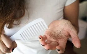 Eine Frau hält in der einen Hand einen Kamm, in der anderen Hand ein Büschel Haare, das ihr nach der Geburt ausgefallen ist.