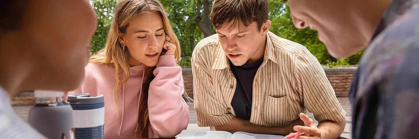 Zwei junge Frauen und zwei Junge Männer sitzen im Freien unter einem Baum. Auch als Studierende sind sie bei der AOK gut versichert.