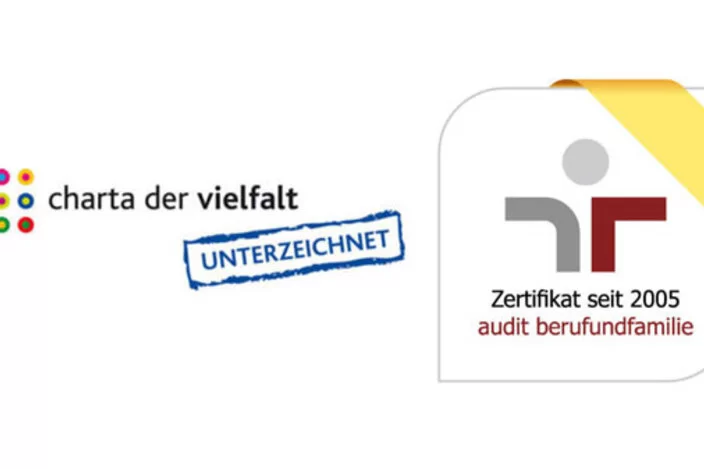 Das Logo Charta der Vielfalt und das Zertifikatssiegel audit berufundfamilie.