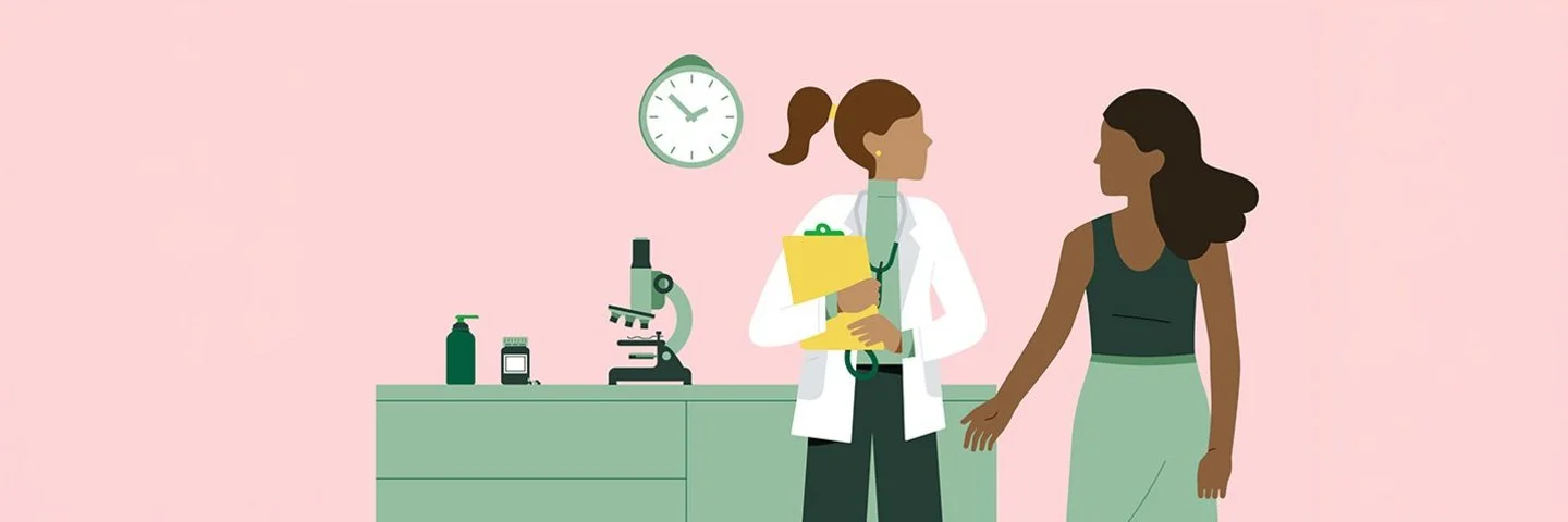 Illustration einer medizinischen Fachkraft in einem weißen Kittel, die mit einer Patientin im Gespräch ist.