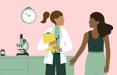 Illustration einer medizinischen Fachkraft in einem weißen Kittel, die mit einer Patientin im Gespräch ist.