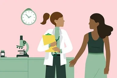 Illustration einer medizinischen Fachkraft in einem weißen Kittel, die mit einer Patientin im Gespräch ist.