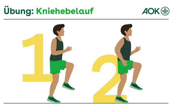 Die Grafik zeigt die Sportübung Kniehebelauf in Ausgangsposition und Ausführung.