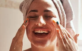 Wellness zu Hause: Frau reinigt ihr Gesicht.