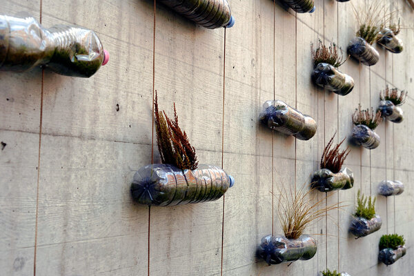 Durch Upcycling zu Blumentöpfen umfunktionierte Plastikflaschen an einer Mauer.