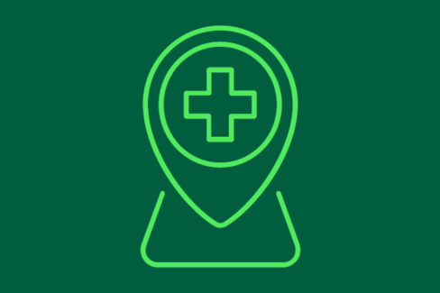 Es ist das Symbol eines GPS-Standortes zu sehen, das über ein medizinisches Kreuz verfügt.