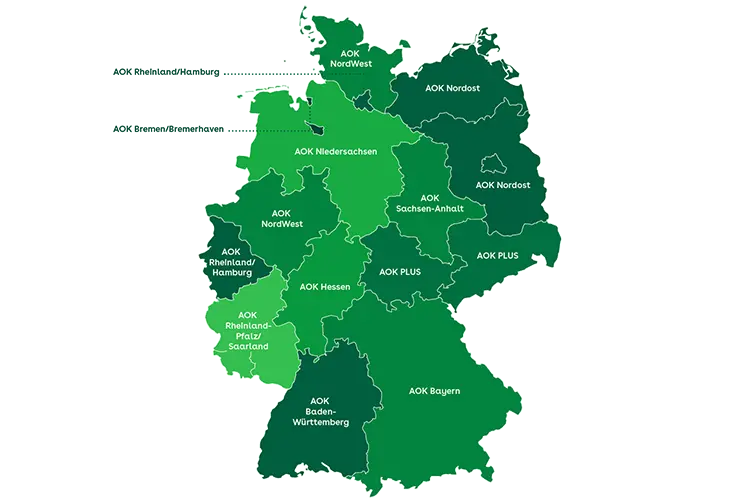 Eine schematische Deutschlandkarte mit den regionalen Zuständigkeiten der AOKs.