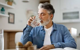 Gegen seine Mundtrockenheit trinkt ein älterer Mann Wasser aus einem Glas, während er am Küchentisch sitzt.