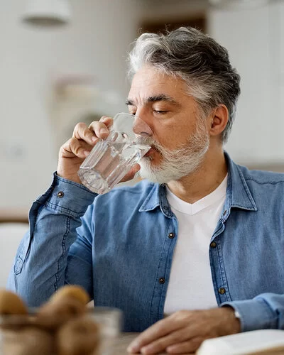 Gegen seine Mundtrockenheit trinkt ein älterer Mann Wasser aus einem Glas, während er am Küchentisch sitzt.
