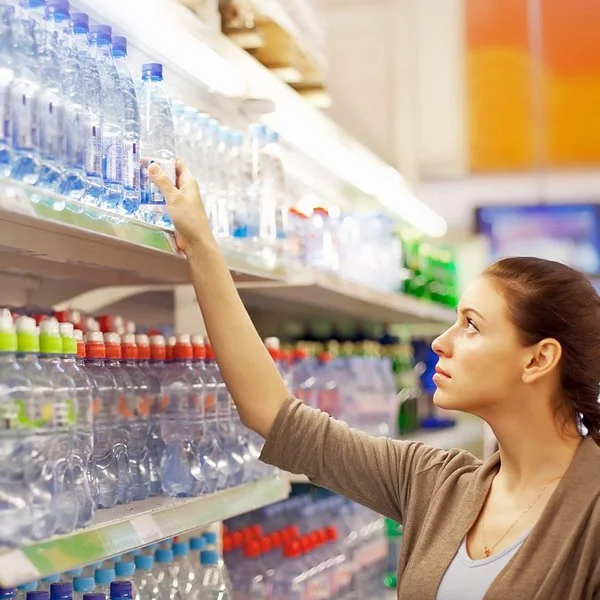 Eine Frau steht vor einem Getränkeregal mit Wasserflaschen in verschiedenen Verpackungen.