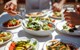 Auf einem weiß eingedeckten Tisch stehen verschiedene mediterrane Vorspeisen und frische Salate.