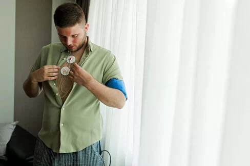 Junger Mann mit Elektroden auf der Brust macht ein Langgzeit-EKG.
