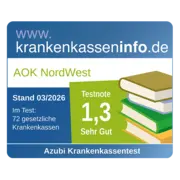 Zu sehen ist das blaue Siegel von krankenkasseninfo.de, mit einer Illustration rechts im Bild von vier farbigen Büchern.