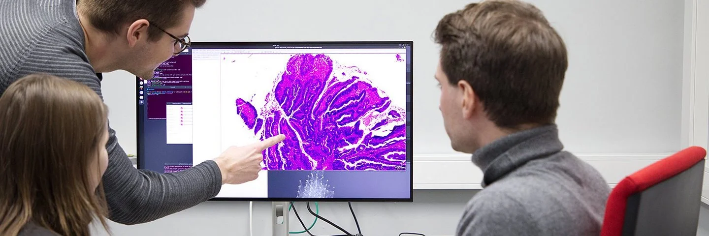 Prof. Dr. Nikolas Kather sowie ein Kollege und eine Kollegin vom EKFZ für Digitale Gesundheit in Dresden betrachten einen Gewebeschnitt auf einem Computermonitor.