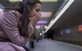 Junge Frau hat eine Panikattacke in einer unterirdischen Bahnstation.