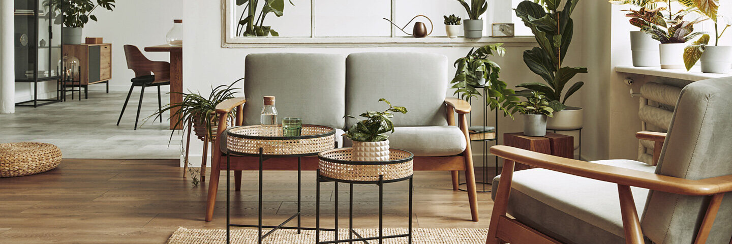 In einem offenen Appartement stehen nachhaltige Möbel aus Holz und Naturprodukten, zwischendrin viele große und kleine Pflanzen.