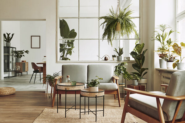 In einem offenen Appartement stehen nachhaltige Möbel aus Holz und Naturprodukten, zwischendrin viele große und kleine Pflanzen.