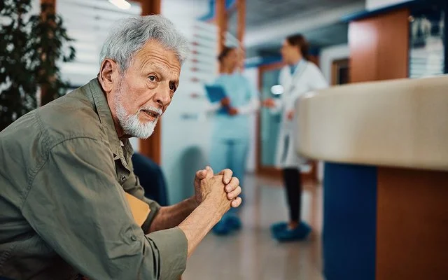 Ein älterer Mann sitzt mit besorgtem Blick im Wartebereich einer Arztpraxis oder eines Krankenhauses.