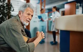 Ein älterer Mann sitzt mit besorgtem Blick im Wartebereich einer Arztpraxis oder eines Krankenhauses.