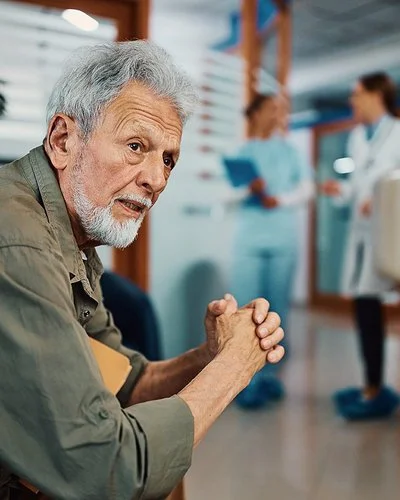 Ein älterer Mann sitzt mit besorgtem Blick im Wartebereich einer Arztpraxis oder eines Krankenhauses.